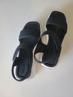 Hunter Womens Abel Square Toe Wedge Platform Sandals Size 7 Black White